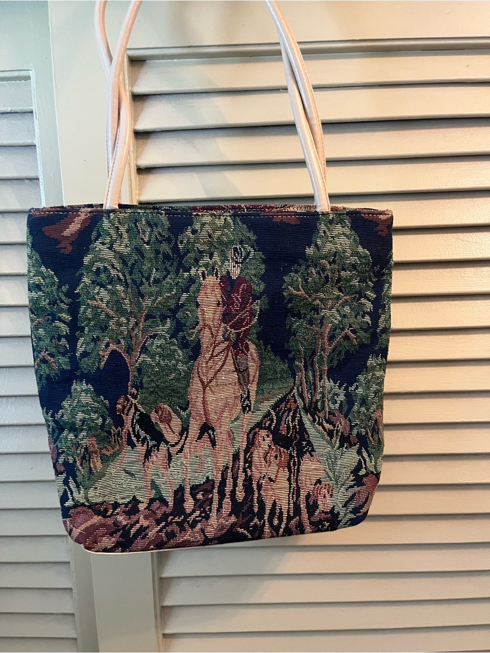 Tapestry Equestrian Horse Scene Tote Bag - Multi Green
